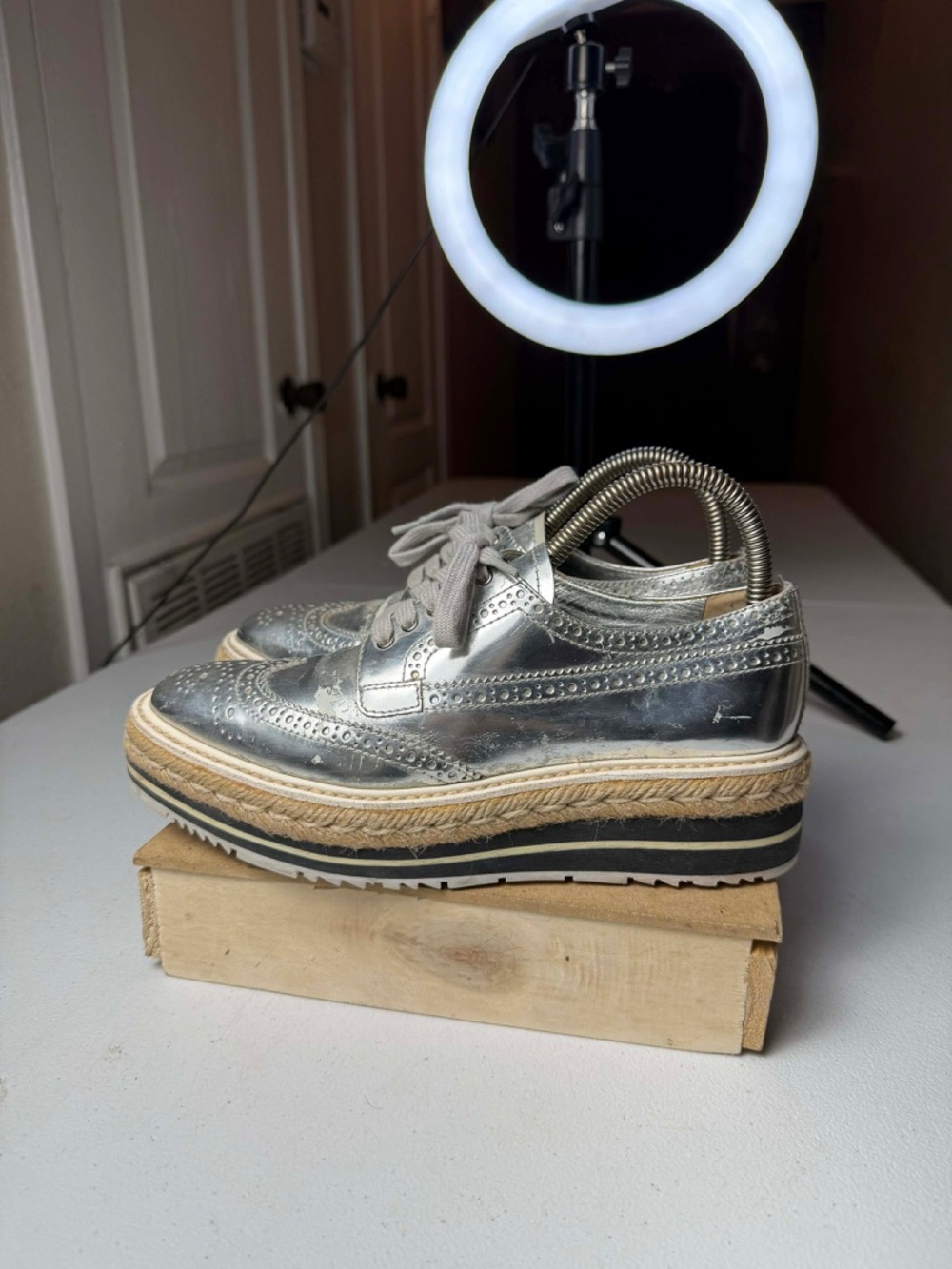 PRADA Platform Derby Dress Shoes Silver Chrome -  US 7 / EU 37 - Picture 9 of 15